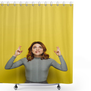 Personality  Hopeful Woman Holding Crossed Fingers While Looking Up On Yellow Shower Curtains