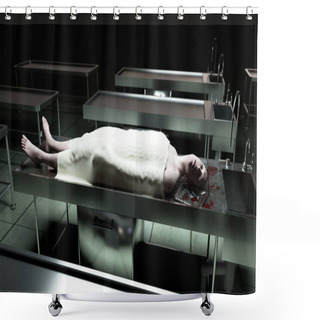 Personality  Cadaver, Dead Male Body In Morgue On Steel Table. Corpse. Autopsy Concept. 3d Rendering. Shower Curtains