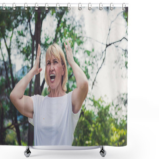 Personality  Senior Woman Screaming In The Park Shower Curtains