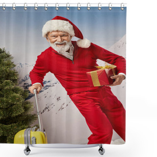 Personality  Cheerful Santa Costume With White Beard Posing With Yellow Suitcase And Present, Christmas Concept Shower Curtains