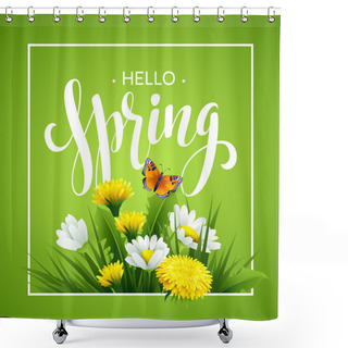 Personality  Inscription Spring Time On Background With Spring Flowers. Spring Floral Background. Spring Flowers. Spring Flowers Background Design For Spring Shower Curtains