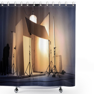 Personality  Shooting Studio For Photographer And Creative Art Director With Production Crew Team Setting Up Lighting Flash And LED Headlight On Tripod And Professional Equipment For Portrait Model Photo Shoot And Video Online Filming Shower Curtains