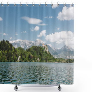 Personality  Beautiful Landscape With Snow-covered Mountain Peaks, Green Vegetation And Calm Lake, Bled, Slovenia Shower Curtains