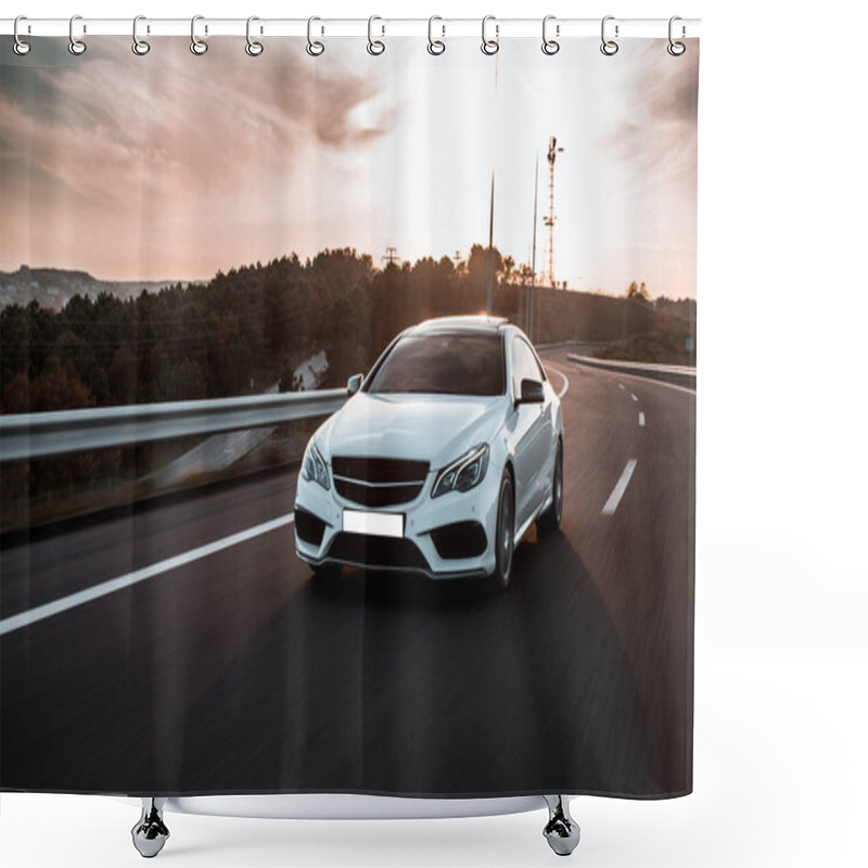 Personality  White business class car on the road , front view shower curtains