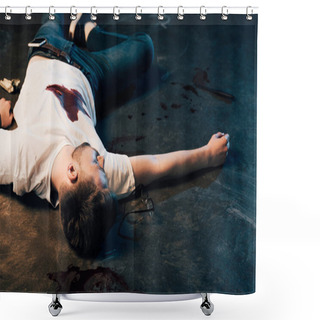 Personality  Dead Man With Smartphone In Pocket On Floor At Crime Scene Shower Curtains