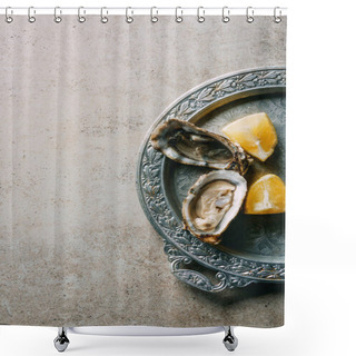 Personality  Top View Of Oysters And Lemon Pieces On Metal Tray On Grey Tabletop Shower Curtains