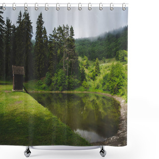 Personality  Small Wooden House By The Lake, Romantic Scene, Tajch Ottergrund, Banska Stiavnica, Slovakia Shower Curtains