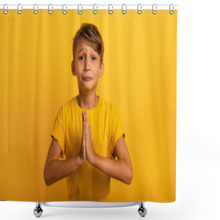 Personality  Child Is Pleading Because He Has Something To Request. Yellow Background Shower Curtains