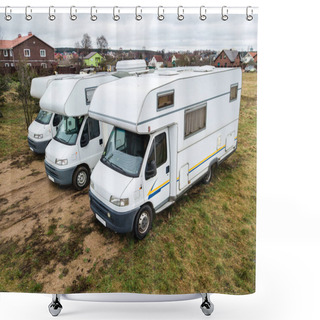 Personality  Aerial Top Down Photo Of Mobile Homes, Three Motorhomes In A Parking Lot, RV Camping. Caravan Car Parking With Old Style Vans Shower Curtains