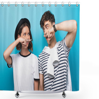 Personality  Cheerful Man And Woman Looking At Each Other While Holding Fingers With Drawn Mustache Ner Faces On Blue Background Shower Curtains