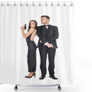 Personality  Couple Of Killers In Black Clothes Posing With Guns, Isolated On White Shower Curtains