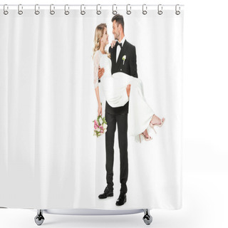 Personality  Happy Young Groom Carrying His Bride Isolated On White Shower Curtains