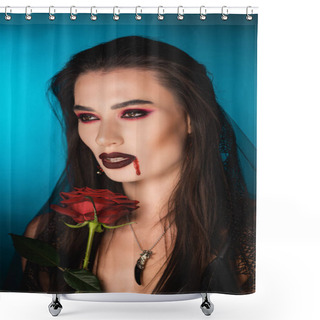 Personality  Creepy Woman With Blood On Face Near Red Rose On Blue Shower Curtains