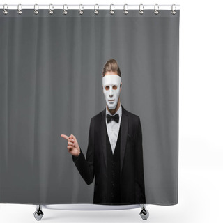 Personality  Elegant Businessman In Face Mask Pointing With Finger Isolated On Grey Shower Curtains
