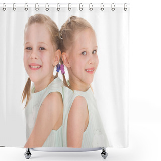 Personality  Cute Sisters Having Fun Sitting On A Chair. Shower Curtains