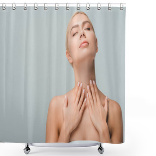 Personality  Beautiful Woman Touching Neck Isolated On Grey  Shower Curtains