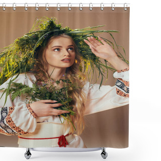 Personality  A Young Woman In A Traditional Outfit Adorned With An Ornate Wreath, In A Fairy And Fantasy Setting. Shower Curtains