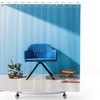 Personality  Comfy Blue Armchair With Person Holding Cup Of Coffee On Floor In Front Of Blue Wall Shower Curtains