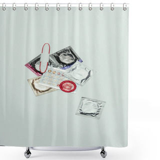 Personality  Top View Of Pregnancy Test And Contraceptives Isolated On Grey Shower Curtains