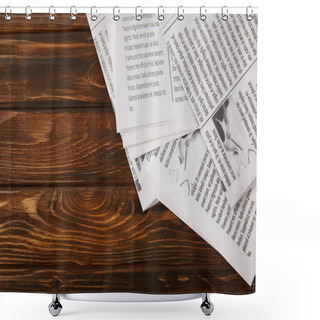 Personality  Top View Of Pile Of Newspapers On Wooden Background With Copy Space Shower Curtains