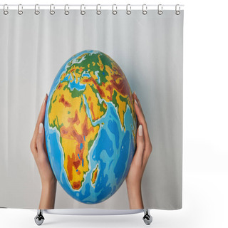 Personality  Cropped View Of Woman Holding Globe On White Background Shower Curtains