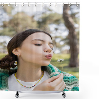 Personality  Portrait Of Young Brunette Woman Blowing On Daisy Flower In Summer Park  Shower Curtains