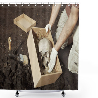 Personality  Skull Of Human Skeleton Packed To Box For Transportration On Summer Terrain Excavations In Field Location Shower Curtains
