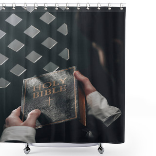 Personality  Partial View Of Catholic Priest Holding Holy Bible Near Confessional Grille In Dark With Rays Of Light Shower Curtains