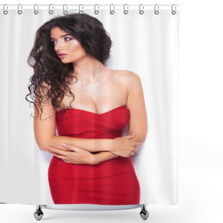 Personality  Attractive Young Lady Leaning On A White Wall Shower Curtains