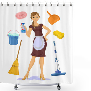 Personality  Vector Housewife Flat Cartoon Illustration Shower Curtains