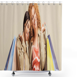 Personality  Panoramic Shot Of Happy Multicultural Girls In Trench Coats Holding Shopping Bags Isolated On Beige  Shower Curtains
