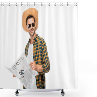 Personality  Happy Young Male Traveler In Sunglasses Reading Travel Newspaper Isolated On White  Shower Curtains