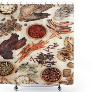 Personality  Natural Chinese Herb Collection For Use In Traditional Herbal Medicine On Bamboo Background. Alternative Health Care Concept. Flat Lay, Top View On Bamboo. Shower Curtains