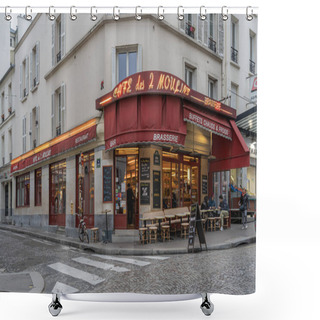 Personality  Paris, France - 11 15 2021: Montmartre District. The Red Two Mills Coffee Facade Shower Curtains