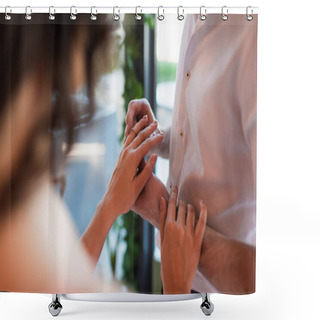 Personality  Cropped View Of Man Wearing Engagement Ring On Finger Of Woman Shower Curtains