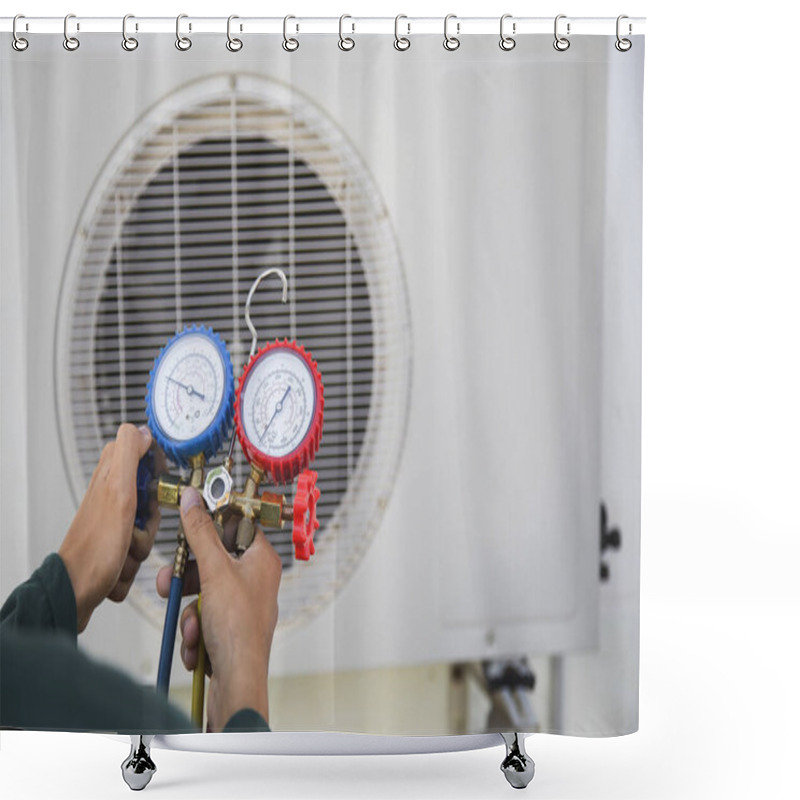 Personality  Air Conditioning, HVAC Service Technician Using Gauges To Check Refrigerant And Add Refrigerant. Shower Curtains