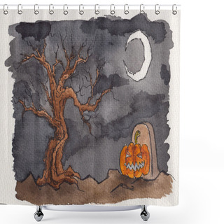 Personality  Watercolor Hand Drawing Of Dark Night Landscape. Spooky Halloween Background. Bare Dead Trees Silhouettes, Haunted Creepy Castle & Bright Moon On Dark Cloudy Sky. Mysterious Background Concept Design. Shower Curtains