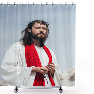 Personality  Jesus In Robe, Red Sash And Crown Of Thorns Holding Rosary And Praying With Closed Eyes In Desert Shower Curtains