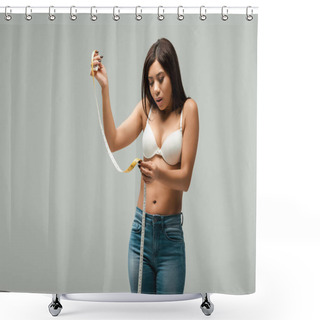 Personality  Surprised And Overweight African American Girl In Jeans And Bra Looking At Measuring Tape Isolated On Grey Shower Curtains