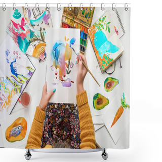 Personality  Top View Of Woman Holding Drawing On Knees And Painting In It With Watercolors Paints While Surrounded By Colored Pictures Shower Curtains