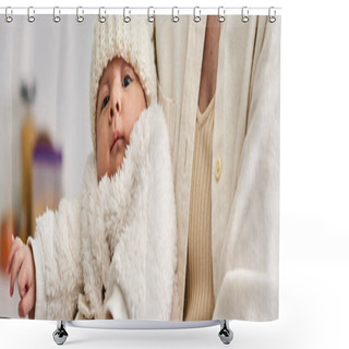 Personality  Cute Newborn Baby In Warm Cozy Attire In Hands Of His Loving Mother, Modern Parenting, Banner Shower Curtains
