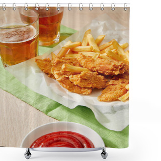 Personality  Glasses Of Beer, Chicken Nuggets With French Fries, Ketchup On Wooden Table Shower Curtains