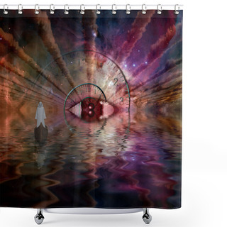 Personality  Figure In White Robe Floating To God's Eye In Space Tunnel Shower Curtains