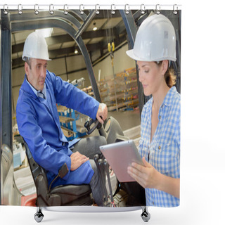 Personality  Woman Using Tablet Next To Man On Forklift Shower Curtains