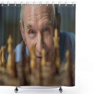 Personality  Senior Confident Man Looks At The Chess Board Shower Curtains
