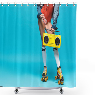 Personality  Cropped View Of Woman In Swimsuit And Roller Skates Holding Boombox And Cassette Tape On Blue Shower Curtains