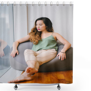 Personality  A Young And Attractive Chinese Asian Woman (Singaporean) Sits On A Bean Bag By A Window In Her Apartment In The Morning. She Looks Comfortable And Relaxed In Loose Clothes. Shower Curtains