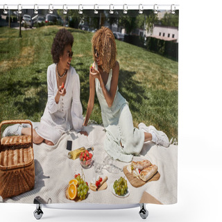 Personality  Stylish African American Girlfriends Eating Fruits On Blanket Near Wine And Smartphone In Park Shower Curtains