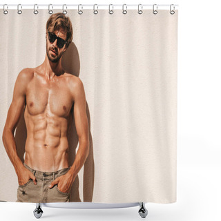 Personality  Portrait Of Sporty Handsome Strong Man. Healthy Athletic Fitness Model Posing Near White Wall In Jeans. Confident Sexy Fashion Male With Naked Nude Torso. Lambersexual Outdoors Shower Curtains