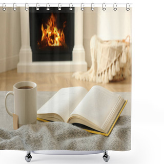 Personality  Cup Of Hot Tea And Book Near Fireplace At Home. Cozy Atmosphere Shower Curtains